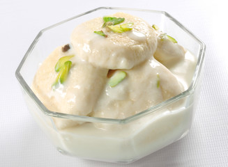 Rasmali, A sweet, yummy & cold dessert,  with cottage cheese dumpling dip in thickened cold milk.