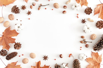 Autumn composition. Frame made of orange leaves, cotton flowers, pine cone, anise star, berries, nuts on white background. Autumn, fall concept. Flat lay, top view, copy space 