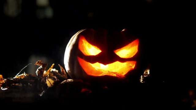 Ominous pumpkin with glowing eyes in a dark forest