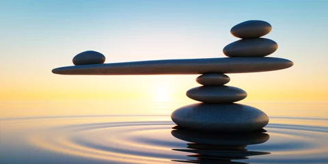 Foto op Canvas Steine in Balance - Gleichgewicht bei Sonnenaufgang im Meer © peterschreiber.media