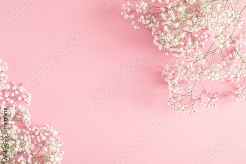 Frame made of small white flowers on pastel pink background. Happy Women's Day, Wedding, Mother's Day, Easter, Valentine's Day. Flat lay, top view, copy space
