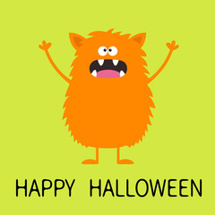 Happy Halloween. Cute orange monster icon. Cartoon colorful scary funny character. Eyes, tongue, fang, ears, holding hands up. Funny baby collection. Green background Isolated. Flat design.