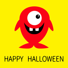Happy Halloween. Cute red monster icon. Cartoon colorful scary funny character. One fish eye, tooth. Funny baby collection. Yellow background Isolated. Flat design.