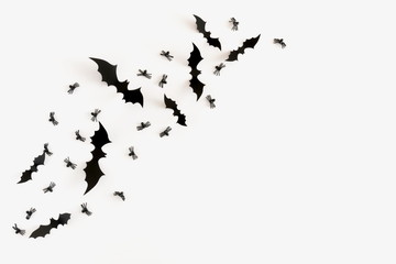 Halloween decorations concept. Halloween bats on white background. Flat lay, top view, copy space 