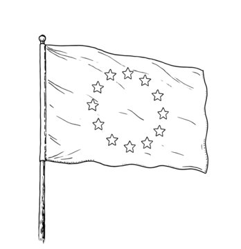 European Union flag drawing - vintage like illustration of flag of EU. Monochromatic banner contour on white background.