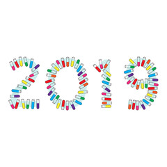 Happy new year and test tubes with white background