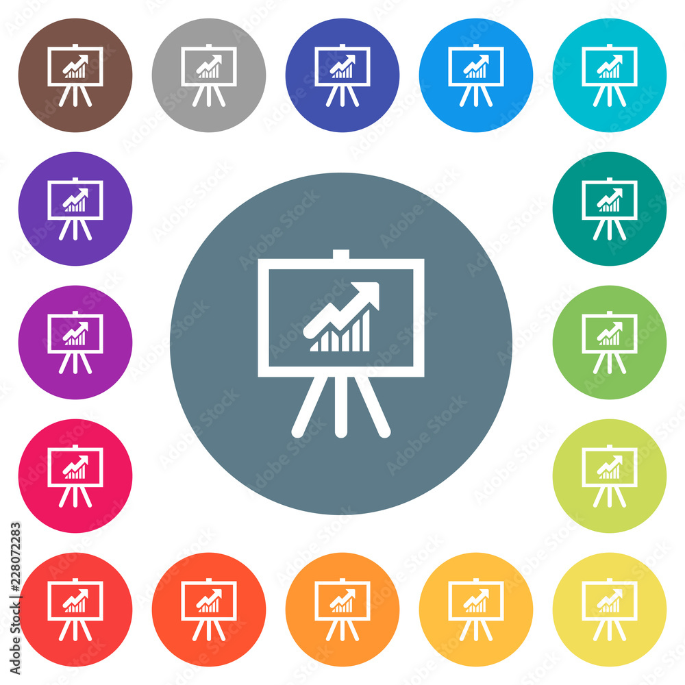 Poster presentation table with rising graph flat white icons on round color backgrounds