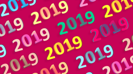 2019 retro signs wallpaper. New Year background. 2019 numbers. Abstract shapes 3d. Retro colors. Year of Earth Pig. Winter holiday. Happy New Year. Vintage style illustration.