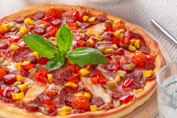 Delicious fresh pizza served on wooden table