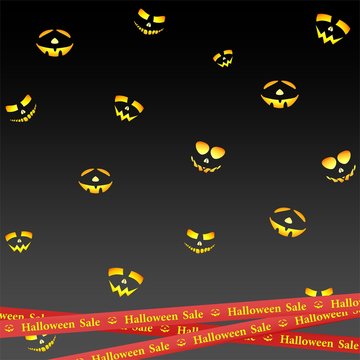 Red ribbons down with yellow lettering halloween sale, pumpkin and stripes indicating sales place on a black background with laughing face. Warning and caution business tapes 