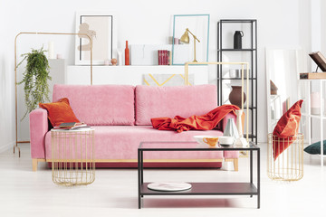 Powder pink couch with red pillow and blanket in apartment full of art and shelves, real photo