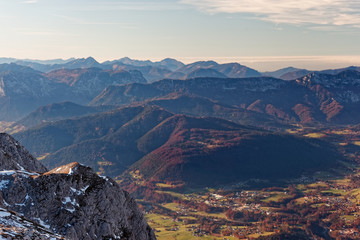 Sunny, autumnal views of Berchtesgaden from ridge of Jenner, Berchtesgaden Alps, Bavaria, Germany
