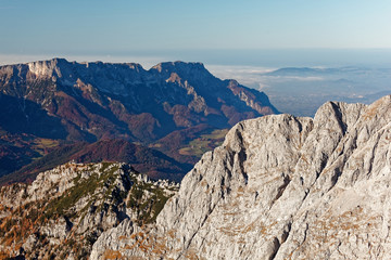 Sunny, autumnal views of Eagle's Nest from Hohes Brett with Salzburg in background, Berchtesgaden Alps, Bavaria, Germany