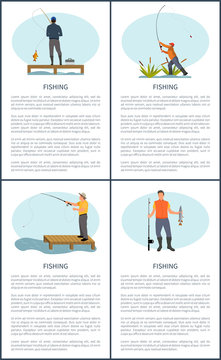 Fishing Posters Men Set. People Catching Fish Text