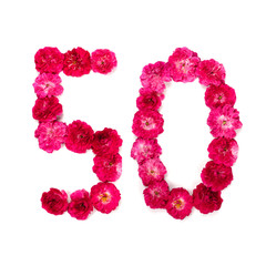 number 50 from flowers of a red and pink rose on a white background. Typographical element for design. Flower numbers, date, isolate, isolated