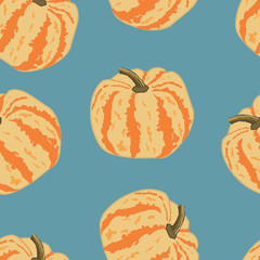 Colorful, bright pumpkins against turquoise background, seamless square vector pattern