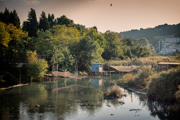 Obraz premium Local fishing nets at a laguna in Ulcinj in Montenegro