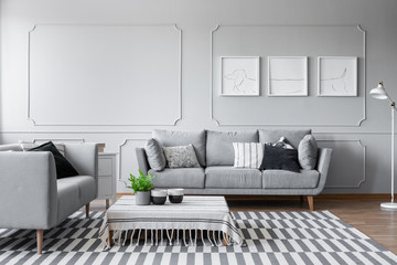 Elegant living room with two comfortable grey sofas with pillows and graphic on the wall, real...