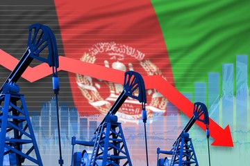 lowering, falling graph on Afghanistan flag background - industrial illustration of Afghanistan oil industry or market concept. 3D Illustration