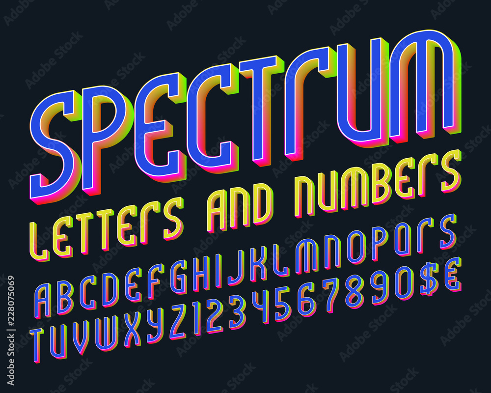 Fototapete spectrum colored alphabet with numbers and currency symbols. iridescent vibrant font.