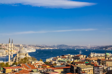 Istanbul, Turkey, November 10, 2010: Aerial view of the Bosphorus, taken from the roof of the Buyuk Valide Han.