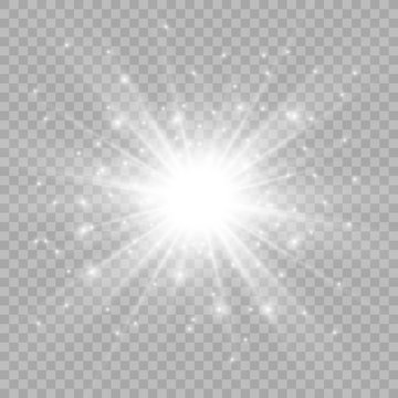 White glowing light burst explosion with transparent. Vector illustration for cool effect decoration with ray sparkles. Bright star. Transparent shine gradient glitter.