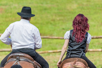 Red shiny hair, Girl power. Female rider on horse in lovely country ranch. Equestrian lifestyle, huntress, gracefull leadership.
