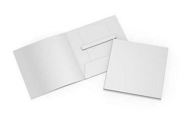 Blank white plastic card mockup inside paper booklet holder, mock up template on isolated white background, 3d illustration