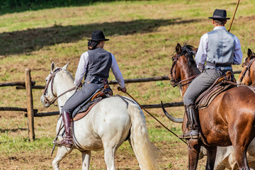 Girl power. Female rider on horse in lovely country ranch. Equestrian lifestyle, huntress, gracefull leadership.