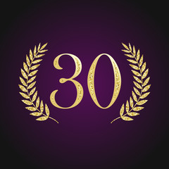 30 th years old logotype. Isolated elegant abstract nominee graphic card of 30%. Congratulating celebrating decorating card design template Round shape luxurious digits, up to -30 % percent off sign
