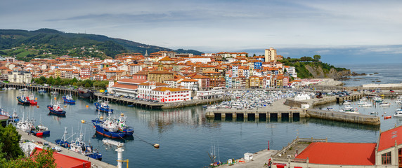Bermeo and fishing port ultra wide panoramic view