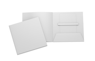 Blank white plastic card mockup inside paper booklet holder, mock up template on isolated white...