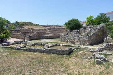Fototapeta na wymiar The ruins of the ancient city. Russia, the Republic of Crimea, the city of Sevastopol. 11.06.2018: The ruins of the ancient and medieval city of Chersonese Tauride