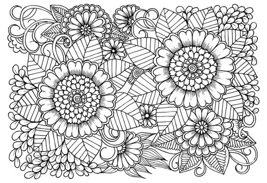 Page for coloring book. Outline flowers. Doodles in black and white