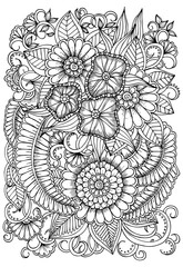 Page for coloring book. Outline flowers. Doodles in black and white