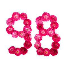 number 98 from flowers of a red and pink rose on a white background. Typographical element for design. Flower numbers, date, isolate, isolated