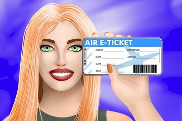 Concept air e-ticket (electronic ticket). Drawn cute girl on bright background. Illustration