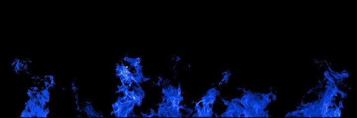 Real fire blue flames isolated on black background. Mockup on black of 5 flames.