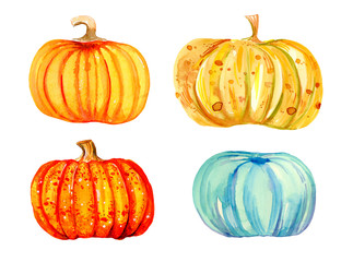 Stylized decorative cartoon pumpkins. Hand drawn watercolor set
