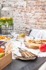 Delicious autumn holiday. Rice and pumpkin for a family dinner. Copy space.