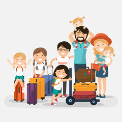 Happy numerous family with luggage on white background