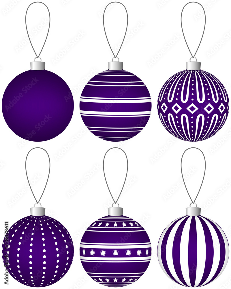 Poster collection of purple christmas balls with pattern hanging on a thread. vector eps 10