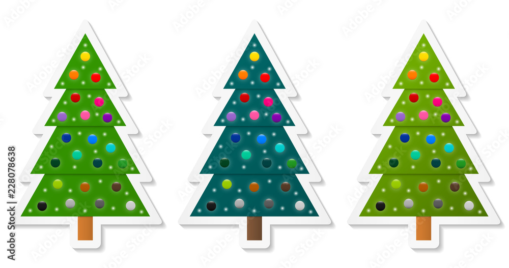 Poster set of abstract geometric coniferous trees stickers decorated with colorful baubles. three shades of