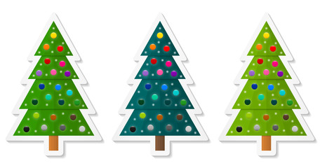 Set 3 of abstract geometric coniferous trees stickers decorated with colorful baubles. Three shades of green. Vector EPS 10