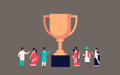 indian people winner cup golden trophy first place concept successful teamwork strategy championship victory flat horizontal vector illustration