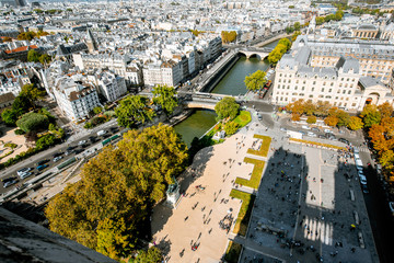 Aerial panoramic view of Paris from the Notre-Dame cathedral during the morning light in France