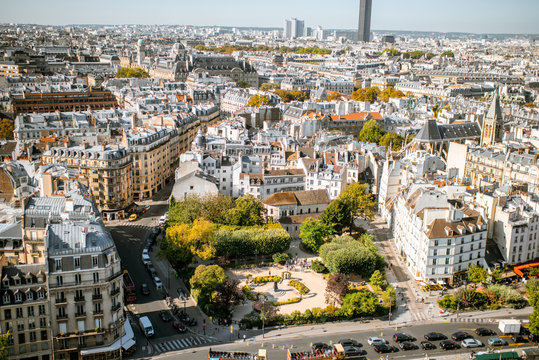 Aerial panoramic view of Paris from the Notre-Dame cathedral during the morning light in France