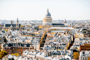 Fototapeta na wymiar Aerial panoramic view of Paris from the Notre-Dame cathedral with Pantheon building during the morning light in France