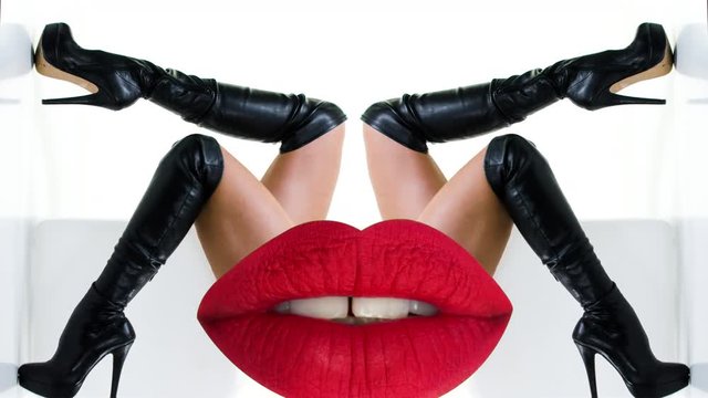 close up of the legs  beautiful sexy woman posing and dancing in knee high black high heels made into an abstract pattern with overlayed poting red lips