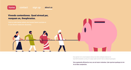 indian people team pulling rope piggy bank money growth concept indian man woman teamwork successful strategy copy space flat vector illustration